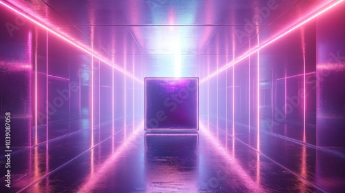 Floating metallic cube above a mirrored floor in a futuristic room filled with glowing holograms and distorted reflections, cyberpunk style, purple neon light