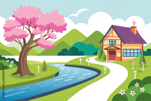  A house in the riverside a road going in the river . a chere blasom tree beautiful scenery