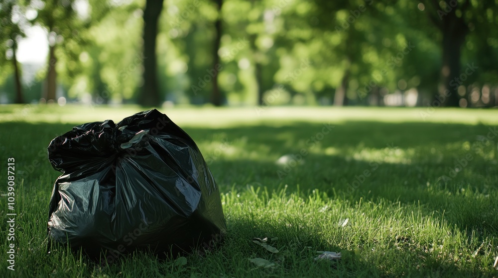 Black Trash Bag in a Lush Green Park Black Trash Bag in a Lush Green Park