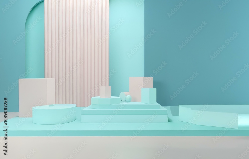Fototapeta premium Abstract geometric shapes in blue and pink colors.