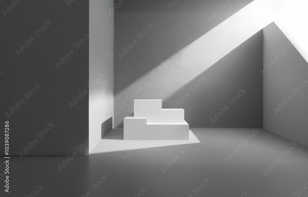 Fototapeta premium A white room with three white platforms, bathed in sunlight coming from a high window.