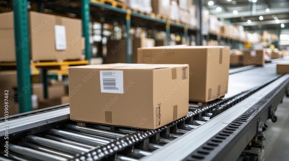 Cardboard boxes on conveyor belt in warehouse Cardboard boxes on conveyor belt in warehouse