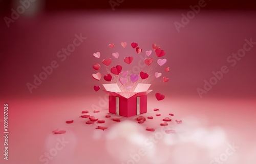 An open gift box with a pink and white interior on a red background with heart-shaped confetti. photo