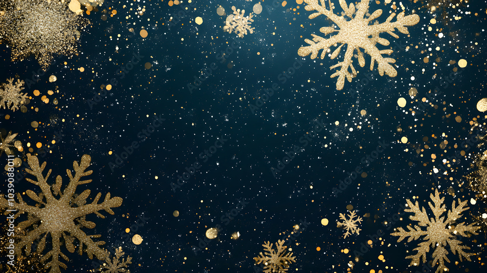Elegant gold snowflakes on a dark blue or midnight black background Elegant gold snowflakes on a dark blue or midnight black background