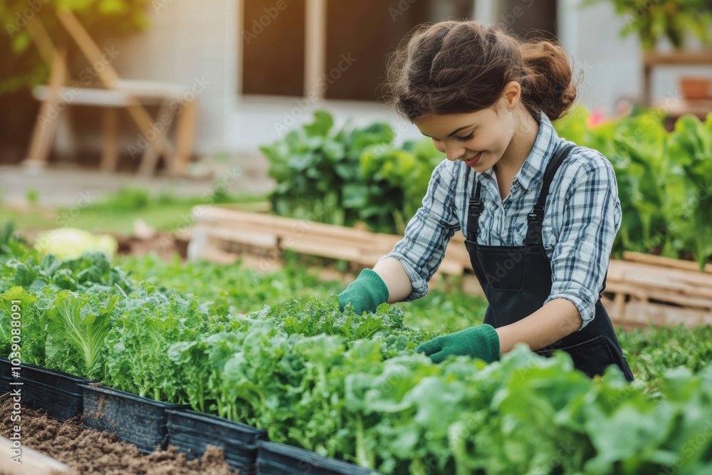 custom made wallpaper toronto digitalphoto of good looking women working in the garden, ironic, Gardener planting seedling of greens, eat pot into soil at vegetable garden. Spring sustainable gardening
