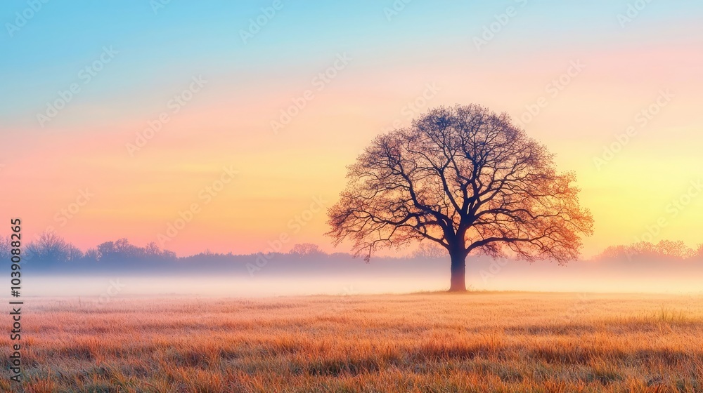 Fototapeta premium Lone tree at sunrise in a serene landscape with soft colors and mist.