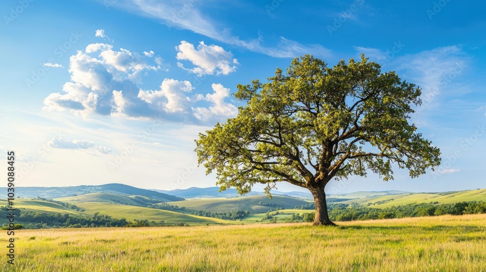 Lone tree under blue sky, surrounded by green fields and rolling hills. Lone tree under blue sky, surrounded by green fields and rolling hills.
