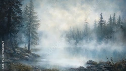 A serene landscape featuring a tranquil lake surrounded by tall, dark coniferous trees. The scene is enveloped in a soft mist, which lends an ethereal quality to the atmosphere. In the foreground, lar