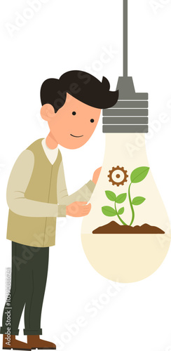 Environment and plants care, A person is looking at a light bulb with a plant growing inside. The concept of the image is the idea of growth and innovation, From Darkness to Life, Budding Brilliance