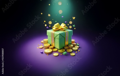 A green gift box with a yellow bow sits on a purple surface surrounded by stacks of gold coins, stars, and other shapes. photo