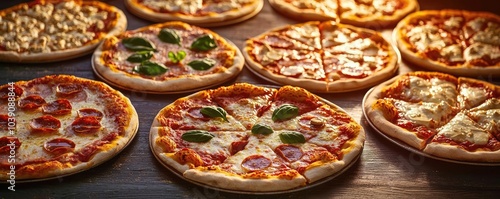 Various delicious pizzas arranged on a wooden table, showcasing diverse toppings.