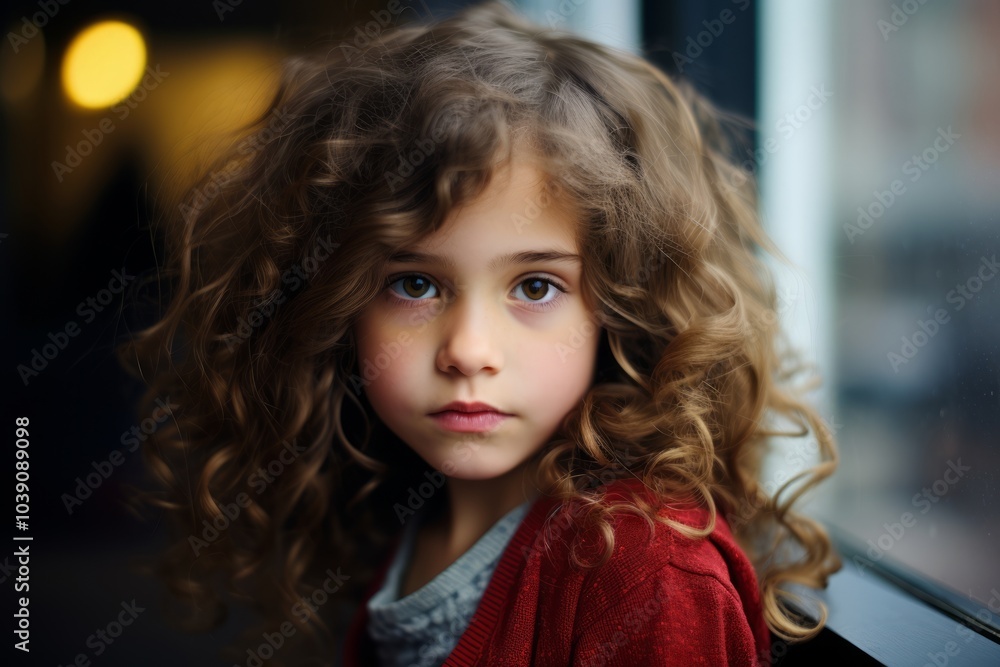 Portrait of a beautiful little girl with curly hair looking at camera Portrait of a beautiful little girl with curly hair looking at camera