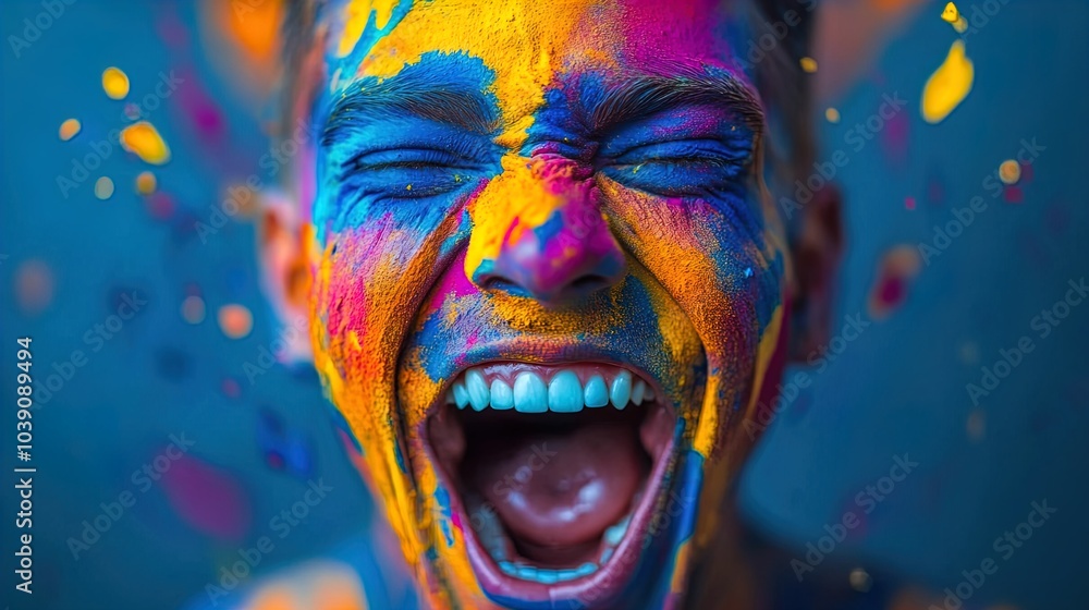 Fototapeta premium A young man is captured mid-laugh, his face covered in vibrant splashes of colored powder, including shades of blue, yellow, and orange. The background is a soft gradient of blue, enhancing the vividn