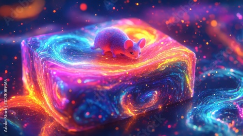 Psychedelic bagasse food box surrounded by colorful swirls, with a holographic mouse next to it, glowing light trails and abstract patterns, vibrant, fantasy, surrealism photo