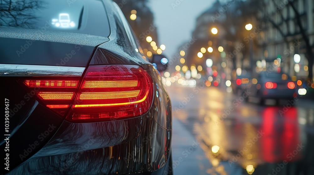 Rear view camera on luxury sedan, close-up shot, precision parking assist displayed, digital screen reflection, urban background Rear view camera on luxury sedan, close-up shot, precision parking assist displayed, digital screen reflection, urban background