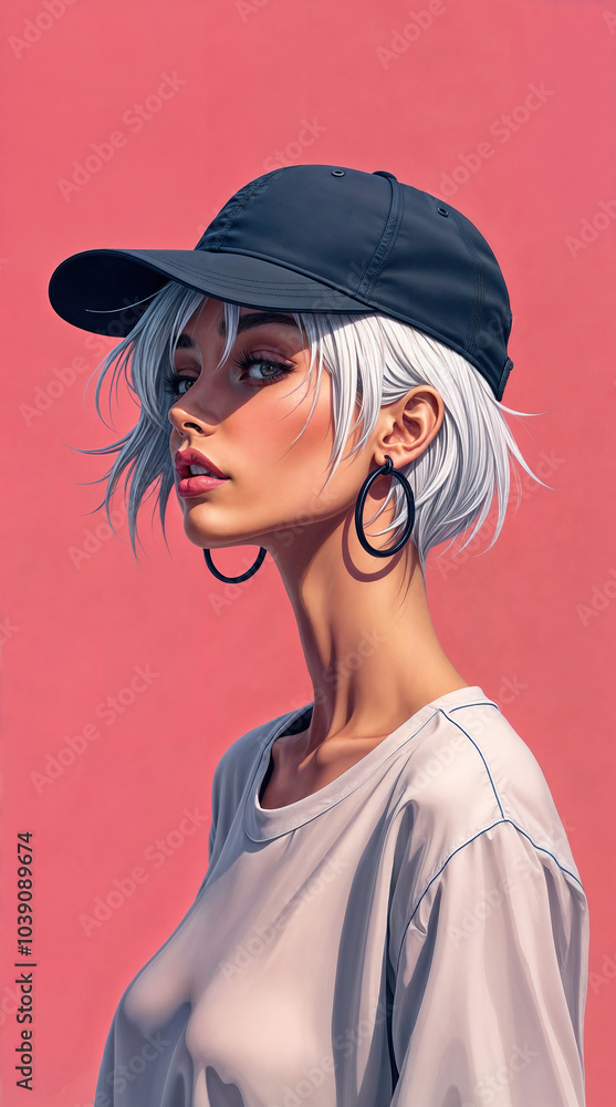 Young girl in a denim baseball cap on a pink background. Young girl in a denim baseball cap on a pink background.
