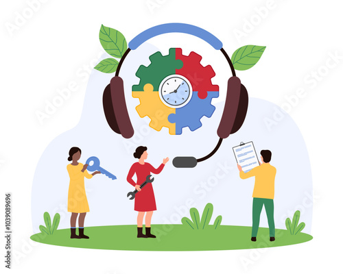 Tech support service, call center and hotline with technicians. Tiny people work with mechanic tools for technical support of product, big headphones and puzzle inside cartoon vector illustration