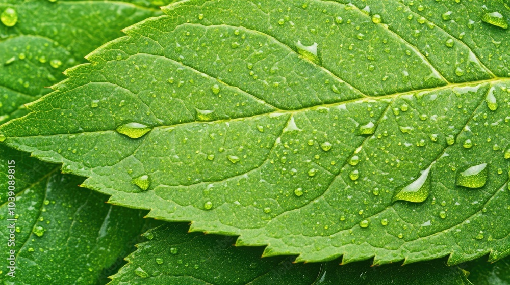Fresh Green Leaves with Water Drops Close-Up Fresh Green Leaves with Water Drops Close-Up