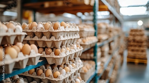 Rows of neatly stacked biodegradable egg cartons in a warehouse, warm earthy colors, highlighting sustainability in packaging photo