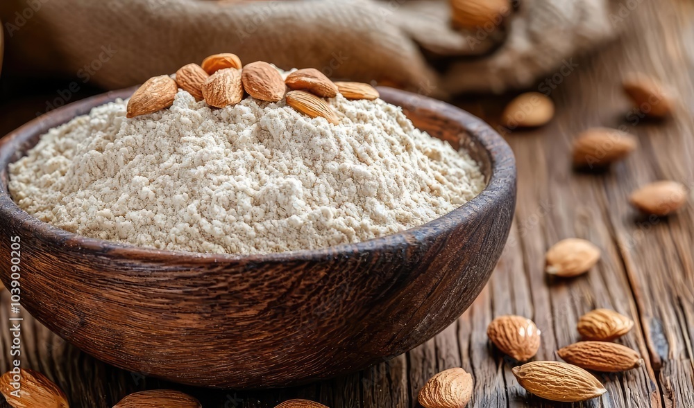 Almond flour in a wooden bowl with whole almonds on a rustic wooden table. Almond flour in a wooden bowl with whole almonds on a rustic wooden table.