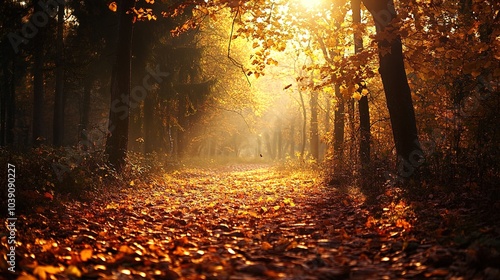 The image captures a serene forest path during the autumn season, illuminated by warm sunlight filtering through the trees. Golden and orange leaves carpet the ground, creating a vibrant contrast agai photo