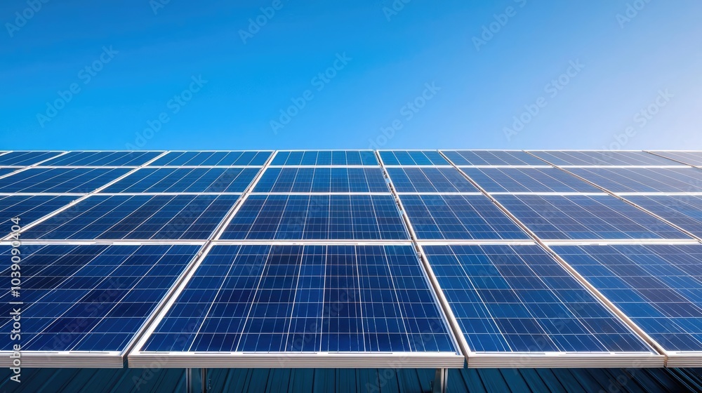 Solar panels on a building under a clear blue sky, demonstrating sustainable energy. Solar panels on a building under a clear blue sky, demonstrating sustainable energy.