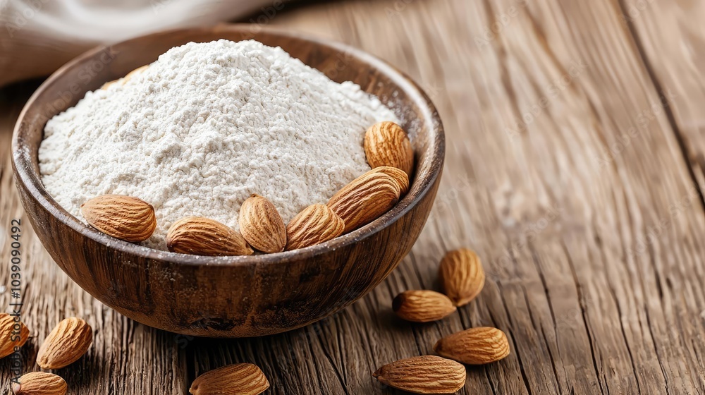 Bowl of almond flour with whole almonds on a wooden surface. Bowl of almond flour with whole almonds on a wooden surface.