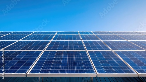 Solar panels on a building under a clear blue sky, demonstrating sustainable energy.