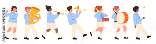Kids march in parade and play musical instruments set. Cute children walk in line with trumpet and horn, trombone and drum, happy musicians in uniform playing in orchestra cartoon vector illustration