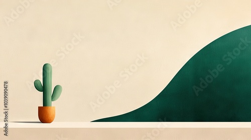   Green mountain painting w/ cactus in fg & orange vase