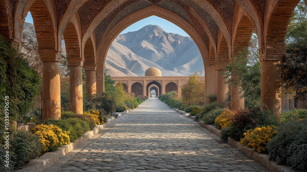 Obraz premium Serene pathway through arches leading to a mountain backdrop.