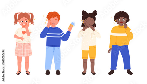 Sad kids with toothache set. Cute sick boys and girls suffering from tooth sensitivity and decay, young person eating ice cream and holding cheek in pain, children cry cartoon vector illustration