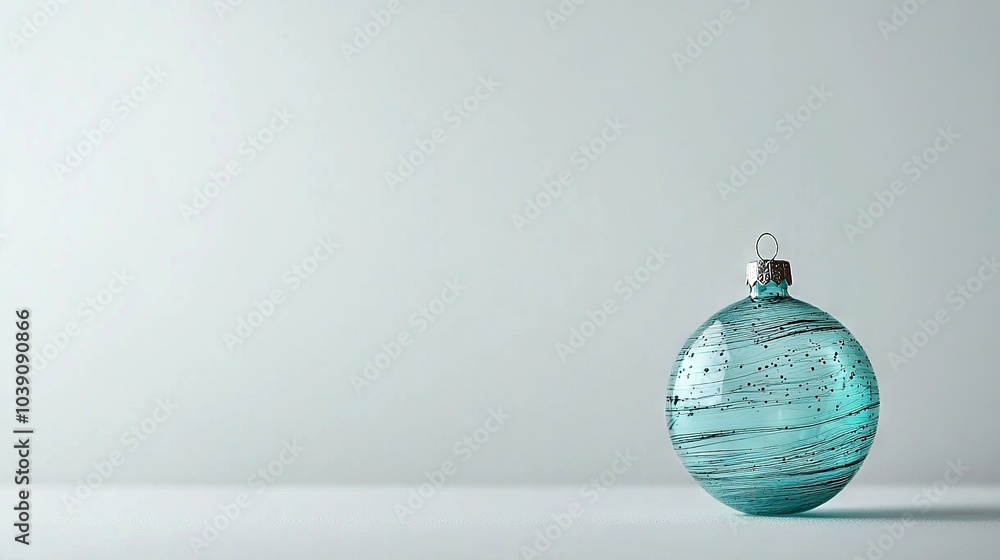 A blue glass ornament rests atop a white table, near gray and white walls A blue glass ornament rests atop a white table, near gray and white walls