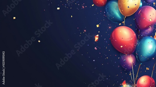 Colorful Balloons Floating with Confetti on a Vibrant Night Background