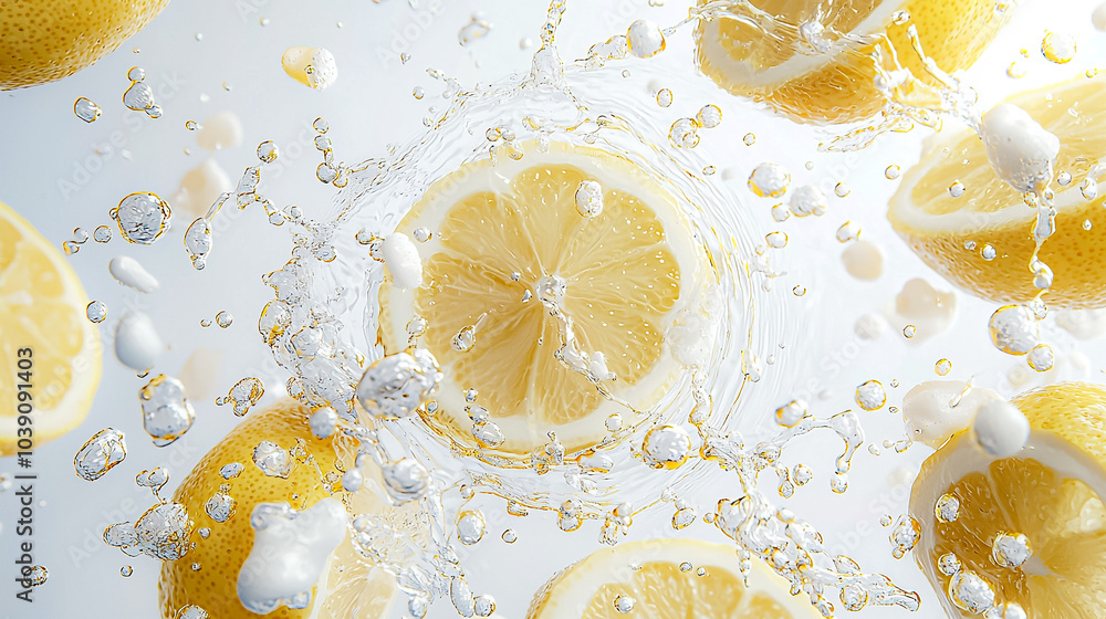 Lemon slices splashing into clear water, creating a refreshing scene of juicy citrus fruit and vibrant yellow liquid Lemon slices splashing into clear water, creating a refreshing scene of juicy citrus fruit and vibrant yellow liquid