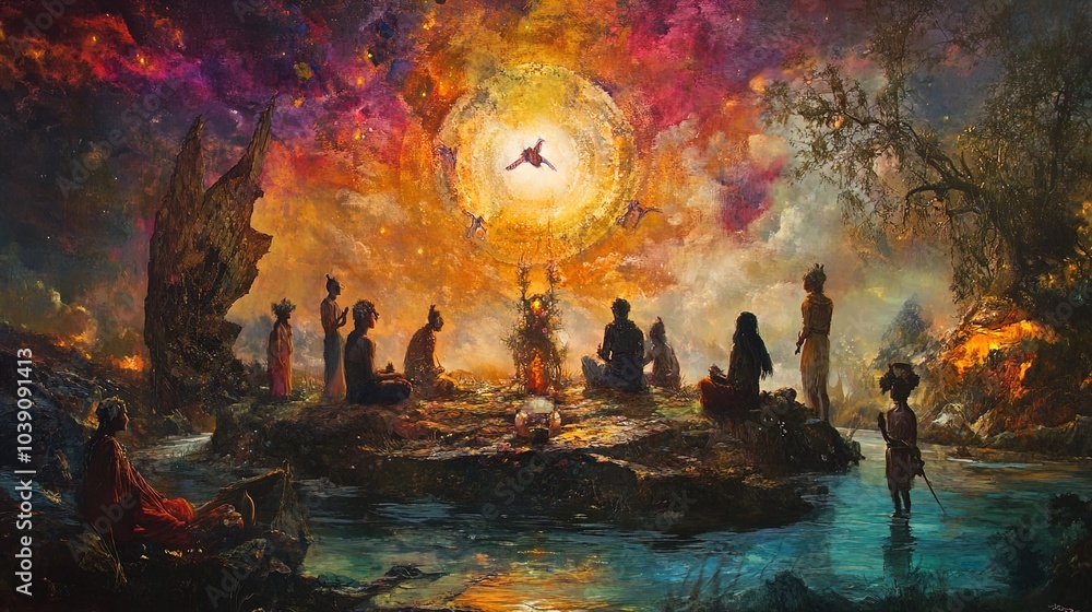 Fototapeta premium The image depicts a vibrant, cosmic scene featuring a group of individuals gathered around a central luminous orb, which radiates golden light and is surrounded by a colorful nebula of swirling purple