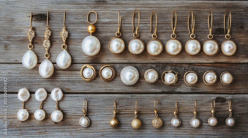 Elegant Collection of Pearl Earrings on Wooden Surface Elegant Collection of Pearl Earrings on Wooden Surface