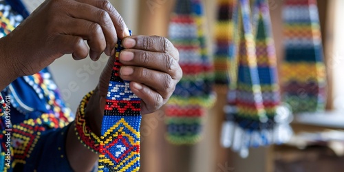 Swazi Beadwork in Eswatini. A close-up of a Swazi artisan's hands carefully threading beads into a traditional necklace. photo