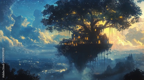 A fantastical scene depicts a massive, ancient tree with sprawling branches and luminous leaves, towering over a surreal landscape. The tree is surrounded by floating islands, intricately designed str photo