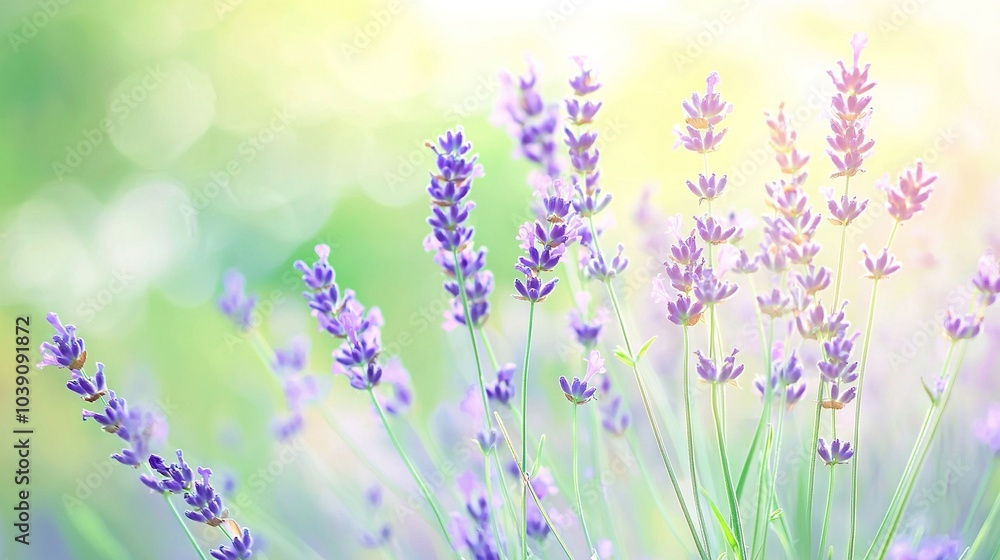 Naklejka premium A close-up of lavender flowers against a sunny backdrop with a soft bokeh effect in the background