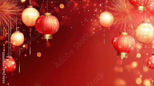 Festive Chinese Lanterns and Fireworks on Vibrant Red Background for Celebrations