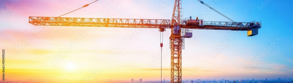 Towering crane assembling a bridge at sunset, steel girders glinting in the light, panoramic wideangle view from a distance Towering crane assembling a bridge at sunset, steel girders glinting in the light, panoramic wideangle view from a distance