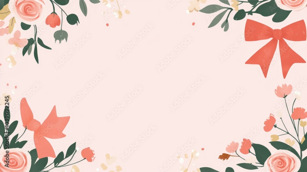 Obraz premium Lovely floral frame with pastel flowers and pink bows on a cream background - girlhood design concept