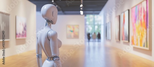 A female robot stands in an art gallery, admiring the paintings on the wall, blurred silhouettes of visitors in the background.