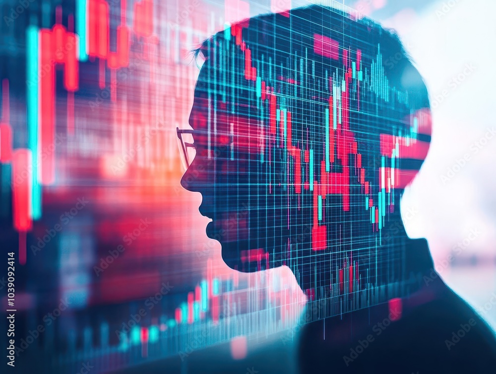 Red stock market graph plunging, sharp downward trend close up, focus on, copy space vibrant colors, showing financial decline Double exposure silhouette with worried investor Red stock market graph plunging, sharp downward trend close up, focus on, copy space vibrant colors, showing financial decline Double exposure silhouette with worried investor