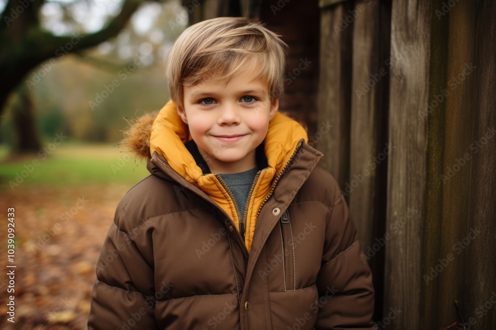 Portrait of a cute little boy in a brown jacket in an autumn park Portrait of a cute little boy in a brown jacket in an autumn park