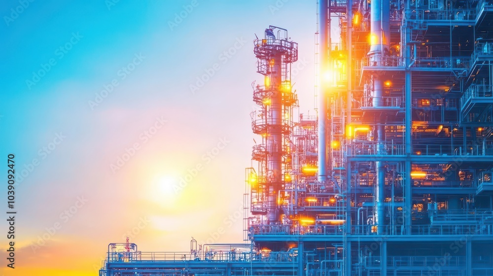 Oil refinery plant at sunset, glowing lights, massive industrial complex Oil refinery plant at sunset, glowing lights, massive industrial complex