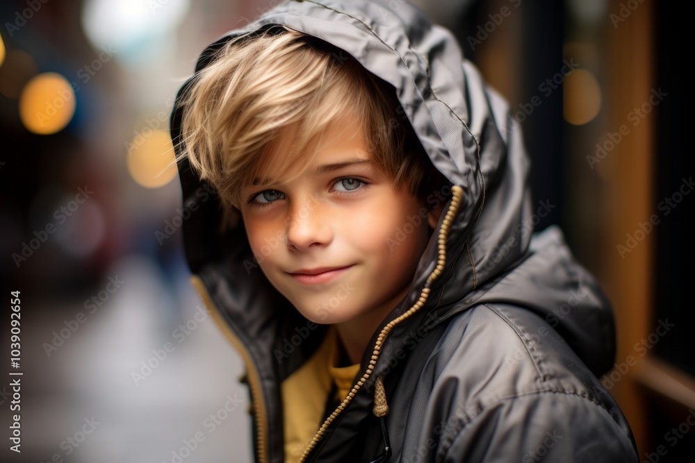 A portrait of a cute little boy in a winter jacket on the street. A portrait of a cute little boy in a winter jacket on the street.