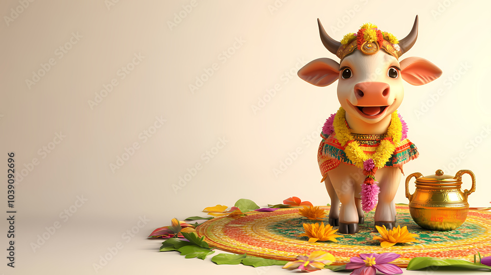 3D render of a cute white bull wearing a colorful Indian saree, standing on a traditional round pastel-colored background. AI Editing. 3D render of a cute white bull wearing a colorful Indian saree, standing on a traditional round pastel-colored background. AI Editing.