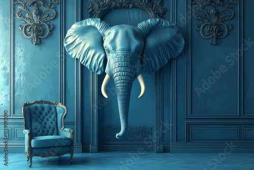 3D wallpaper, a blue elephant head on the wall, a blue armchair and a vase with flowers, a chandelier in a palace interior, 2056 x 847 pixels in size.   AI Editing.